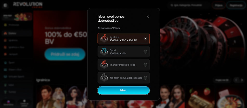 izberi bonus dobrodošlice, brezplačnih vrtljajev, športni bonus, promocijska koda, igralnica, registracija, izbira bonusa