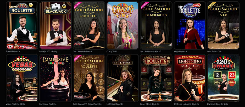 igralnica v živo, ruleta, blackjack, Crazy Time, Gold Saloon, VIP mize, Immersive Roulette, Lightning Roulette, delivci v živo