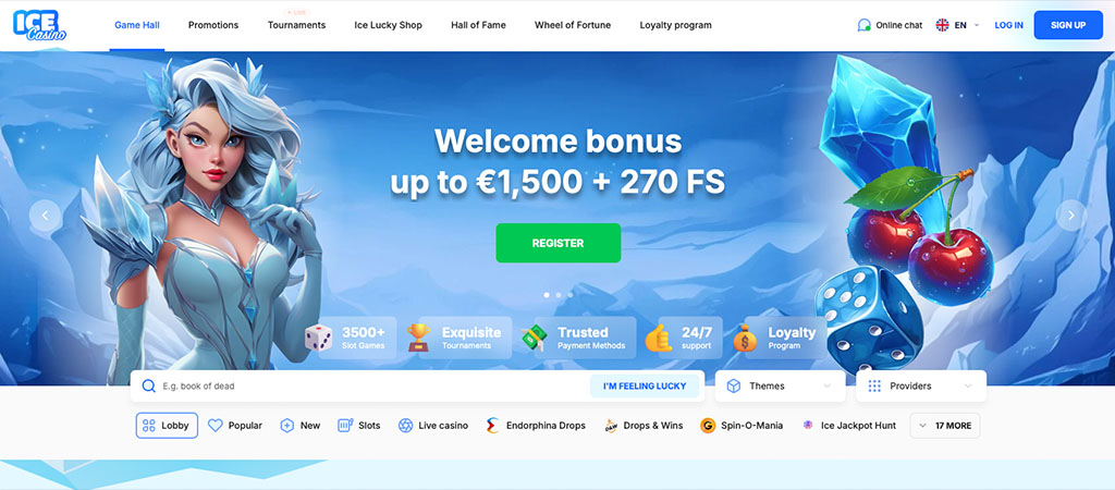 Ice Casino, ledena kraljica, bonus dobrodošlice, brezplačnih vrtljajev, registracija, sadje, kocke, spletna igralnica