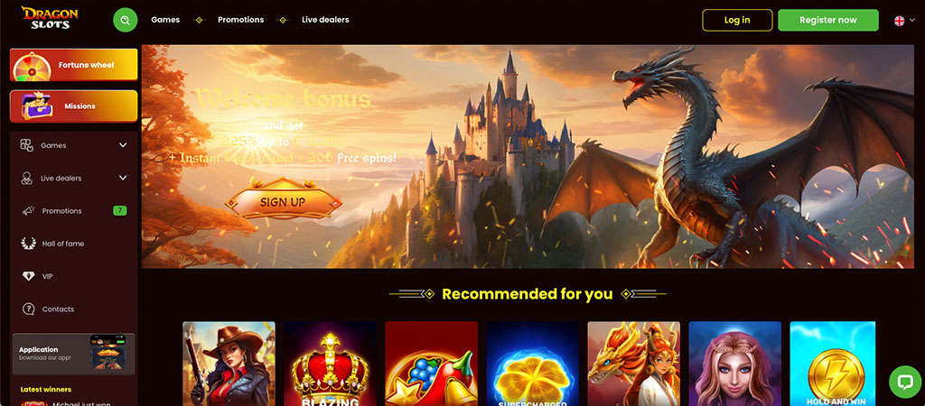 dragonslots casino, spletna igralnica, bonus dobrodošlice, brezplačnih vrtljajev, zmaj, grad, fantazijski svet, prijava