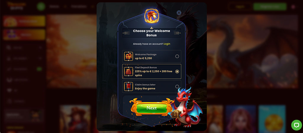 dragonslots casino, izbira bonusa dobrodošlice, brezplačnih vrtljajev, registracija, rdeči zmajček, fantazijski stil