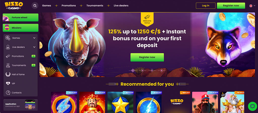 Bizzo Casino, dobrodošli bonus, 1250 €, prvi depozit, misije, kolo sreče, igre, turnirji, volk in nosorog, registracija