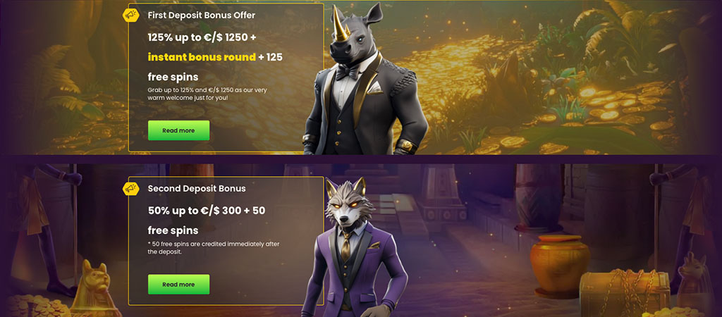 Bizzo Casino, prvi depozit bonus, 125 brezplačnih vrtljajev, drugi depozit, do 300 €, volk in nosorog v elegantnih oblekah