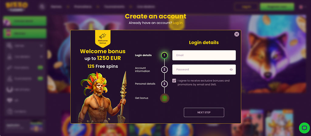Bizzo Casino, registracija računa, bonus dobrodošlice, brezplačnih vrtljajev, vnos e-pošte in gesla, ekskluzivne promocije