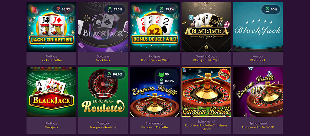 Bizzo Casino, namizne igre, Blackjack, Jacks or Better, Evropska ruleta, VIP ruleta, različni ponudniki iger, RTP odstotki