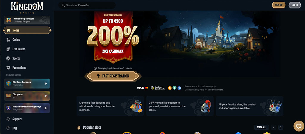 Kingdom Casino, bonus, 20% cashback, hitra registracija, priljubljeni igralni avtomati, kazino v živo, športne stave, podpora