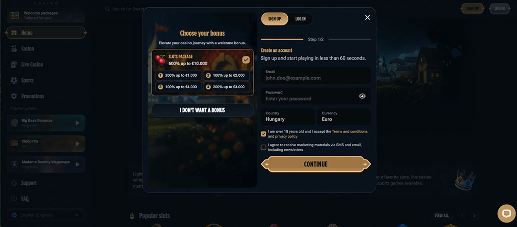 Kingdom Casino, registracija računa, izbira bonusa, paket igralnih avtomatov, e-pošta, geslo, država, valuta, nadaljuj