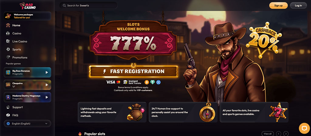 Mad Casino, bonus dobrodošlice, cashback, hitra registracija, kavboj s pištolo, priljubljeni igralni avtomati, podpora v živo