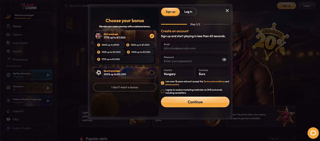 Mad Casino, izbira bonusa, slots paket do 7500 €, športni paket do 3500 €, registracija računa, e-pošta, geslo, država