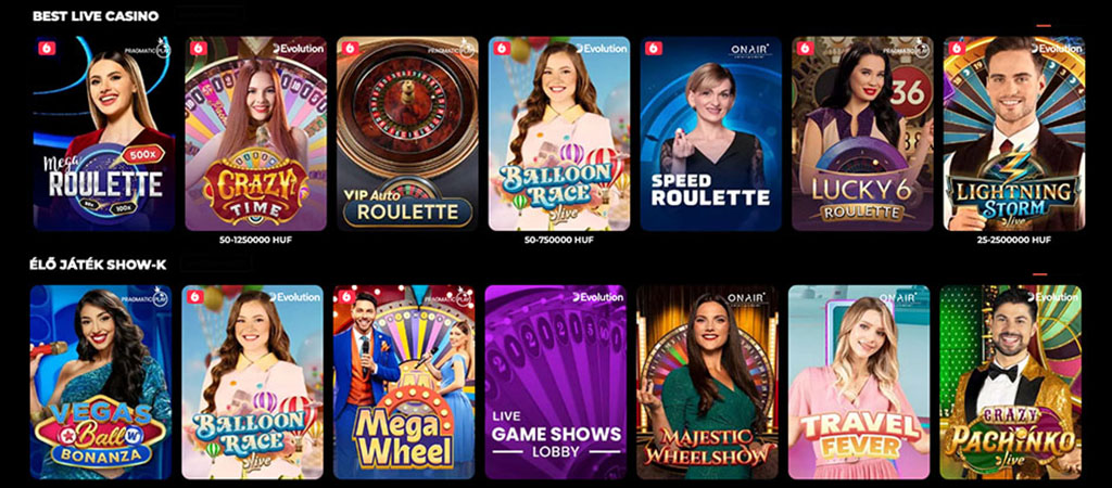 HotSlots Casino v živo, Mega Roulette, Crazy Time, VIP Auto Roulette, Balloon Race, Speed Roulette, igre v živo, Evolution