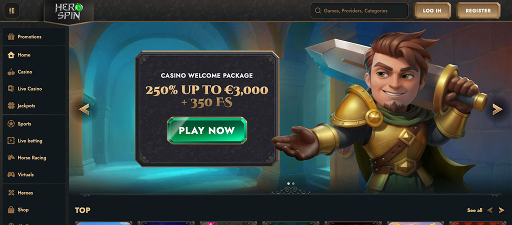 HeroSpin Casino, paket dobrodošlice, 350 brezplačnih vrtljajev, igraj zdaj, junak z mečem, meni z igrami in promocijami
