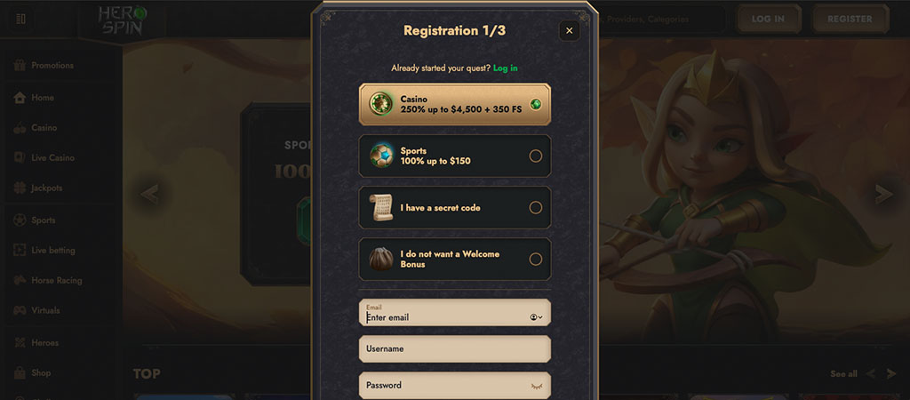 HeroSpin Casino, registracija, izberi bonus, casino, skrivna koda, e-pošta, uporabniško ime, geslo
