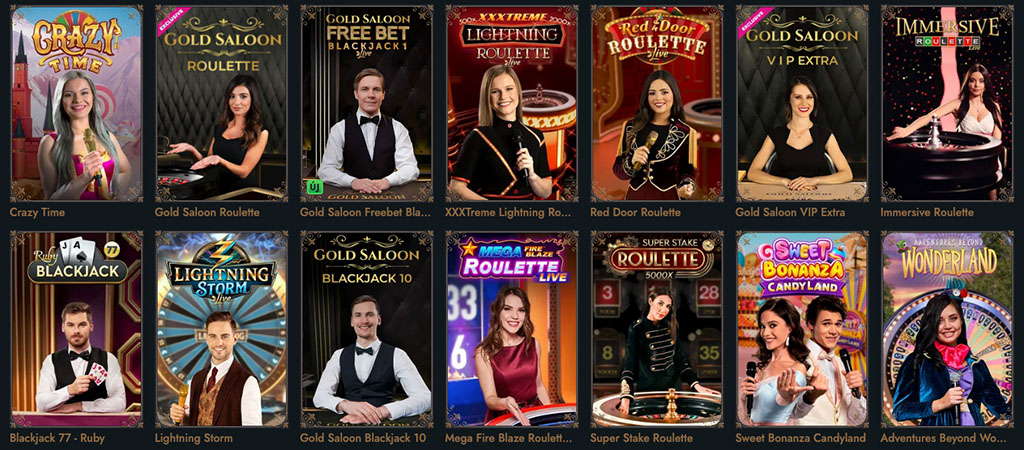 HeroSpin Casino v živo, Crazy Time, Gold Saloon Blackjack, Lightning Roulette, Sweet Bonanza, Wonderland, Immersive Roulette