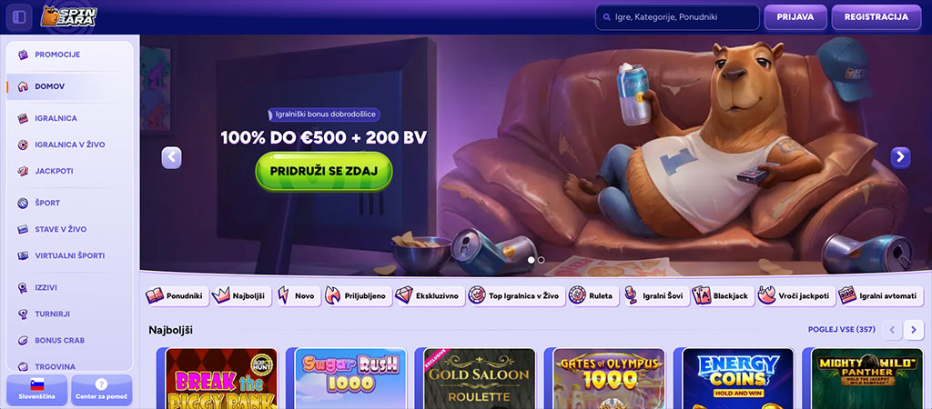 SpinBara Casino, 100 % bonus, brezplačnih vrtljajev, pridruži se zdaj, igralnica v živo, promocije, turnirji, najboljše igre