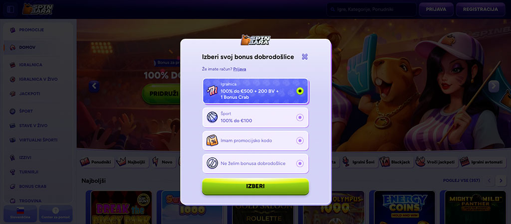 SpinBara Casino, izberi bonus dobrodošlice, športni bonus, promocijska koda, brez bonusa, registracija, izbira bonusa
