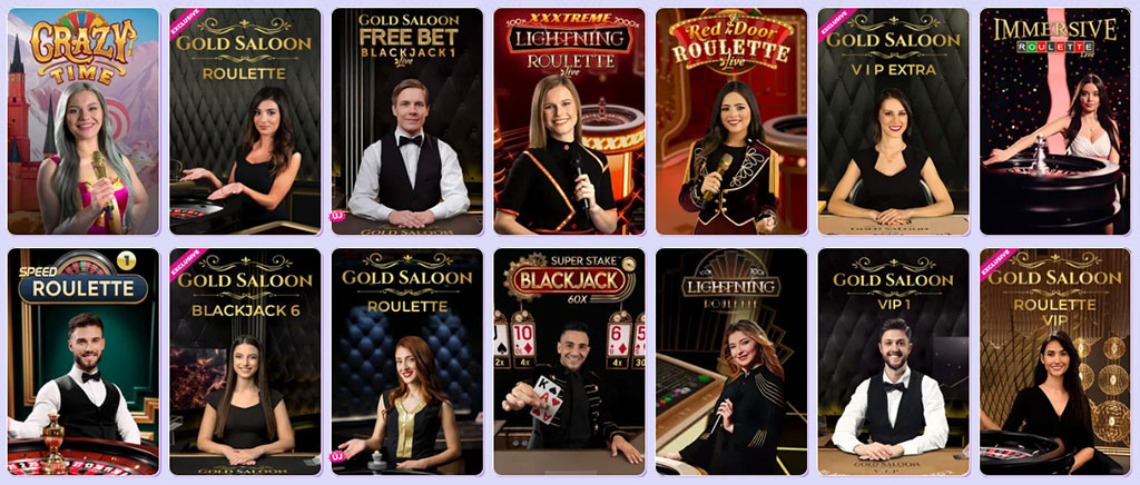 SpinBara Casino v živo, Gold Saloon Blackjack, Lightning Roulette, Crazy Time, VIP Extra, Speed Roulette, Immersive Roulette