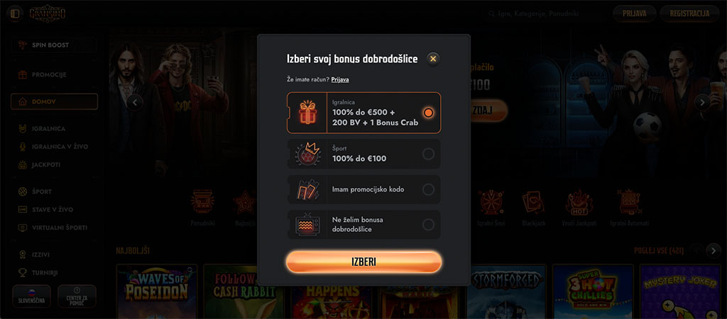 Gransino Casino, izbira bonusa dobrodošlice, casino bonus, promocijska koda, brez bonusa, spletna igralnica, registracija
