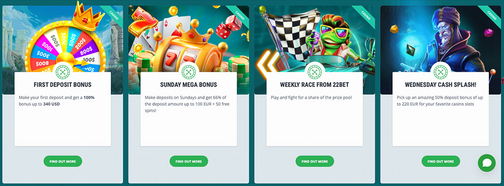 22Bet Casino, bonus ponudbe, prvi depozit bonus, Sunday Mega Bonus, tedenska dirka, Wednesday Cash Splash, brezplačni vrtljaji