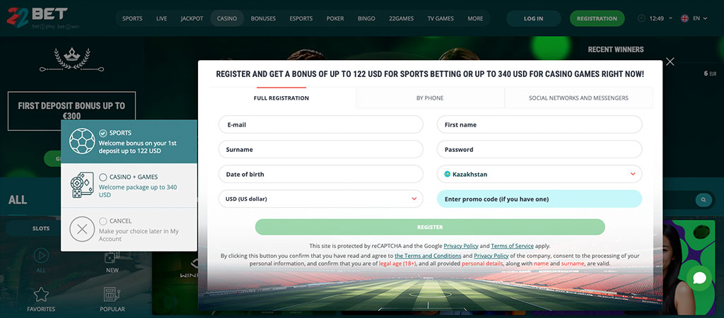 22Bet Casino, registracija, bonus dobrodošlice, športni bonus, casino bonus, promocijska koda, spletne igre, stave, igralnica