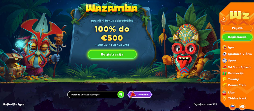 Glavna stran Wazamba Casino, bonus dobrodošlice, registracija, barvita džungelska tema z maskami, meni za igre, promocije
