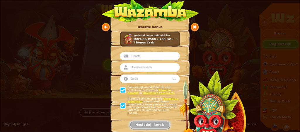 Wazamba Casino registracijski obrazec, izbira bonusa dobrodošlice, polja za e-pošto, uporabniško ime, geslo, pogoji uporabe