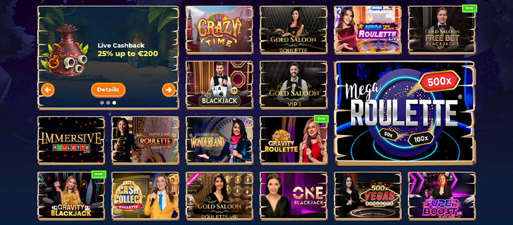 Wazamba Casino live casino oddelek, igre kot so ruleta, blackjack, Crazy Time, Gold Saloon, Mega Roulette, Immersive Roulette