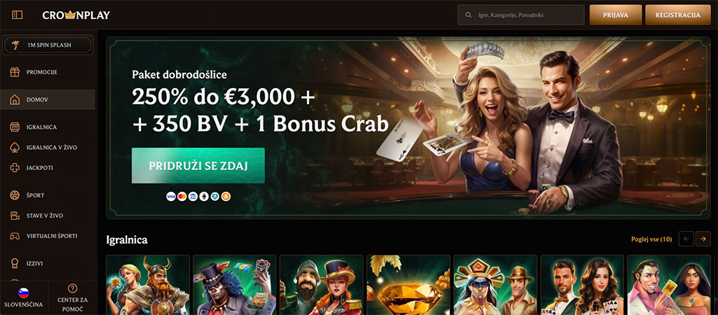 Glavna stran CrownPlay Casino, paket dobrodošlice, možnost registracije, igralnica, igralnica v živo, promocije
