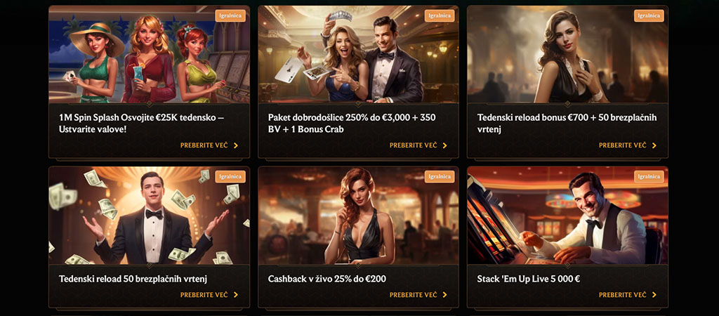 CrownPlay Casino promocije, Spin Splash, paket dobrodošlice, tedenski reload bonus, cashback 25% do €200, Stack’Em Up Live