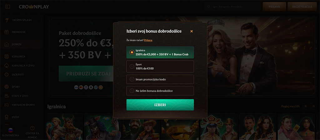 CrownPlay Casino registracijski zaslon, izbira bonusa dobrodošlice, možnost igralniškega bonusa, brez bonusa