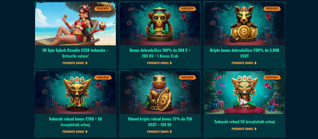 Spinanga Casino, bonusi, promocije, bonus dobrodošlice, kripto bonus, tedenski bonus, brezplačni vrtljaji, bonus Crab
