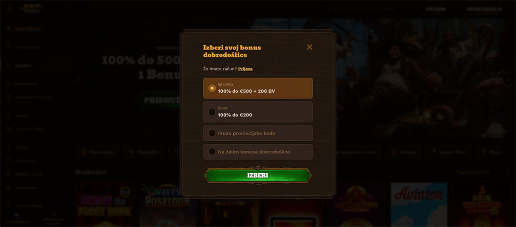 FatPirate, registracija, izbira bonusa, bonus dobrodošlice, kripto bonus, športni bonus, promocijska koda, brez bonusa