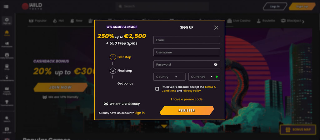 Registracija v Spletni Igralnici Wild Tokyo, online casino, bonusi