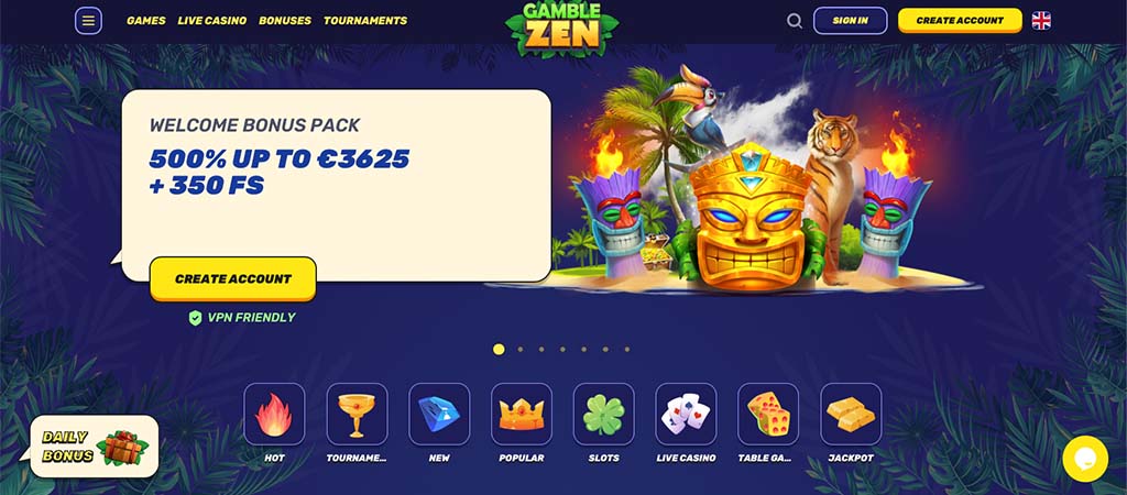 GambleZen Casino domača stran, tema džungle, bonus dobrodošlice, 500 odstotkov do 3625 evrov, Tiki maske, tiger, VPN