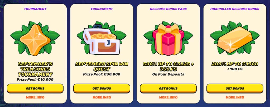GambleZen Casino promocije, štiri ponudbe, Treasures, September Spin Win Quest, dobrodošel bonus paket, Highroller bonus