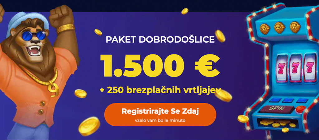 Spletna igralnica, paket dobrodošlice, bonus 1500 €, brezplačnih vrtljajev, igralni avtomat 777, maskota lev, zlate kovance