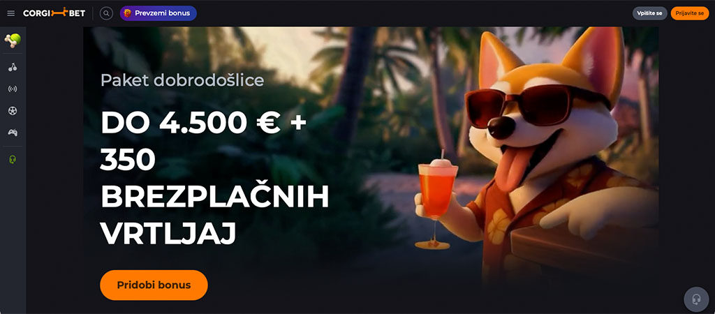 Spletna stran CorgiBet, dobrodošlica paket, bonus do 4500 evrov in 350 brezplačnih vrtljajev, risani kuža s koktejlom