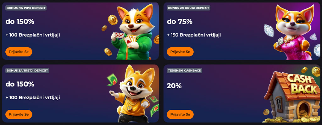 Bonusi CorgiBet, do 100 brezplačnih vrtljajev, tedenski cashback 20 %, risani kužki z igralnimi kartami in kovanci