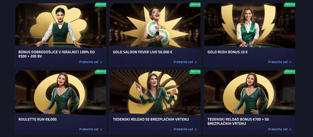 Sportaza casino bonusi, bonus dobrodošlice, tedenski reload, Gold Rush, Roulette Run, delivke v zelenih oblekah