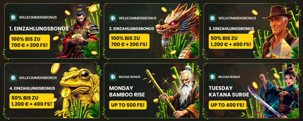 Asino casino bonusi, dobrodošlica, brezplačnih vrtljajev, liki z zmajem, bojevnikom, starcem in samurajko, bambusovo