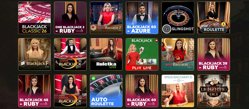 Asino igre v živo, blackjack, ruleta, baccarat, delivke in delivci za mizami, različne mize Ruby, Azure, Classic, elegantno