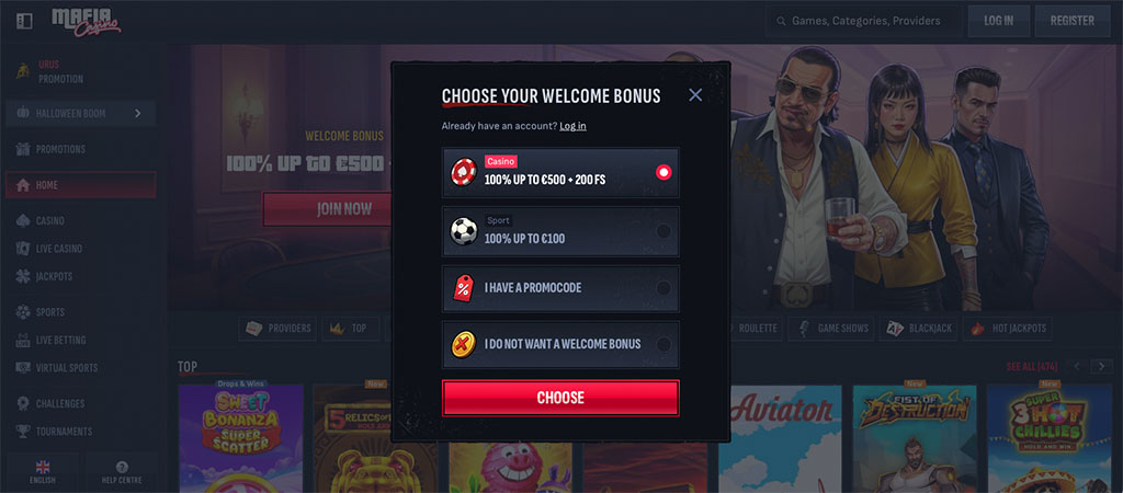 Mafia Casino, Registracija, welcome bonus