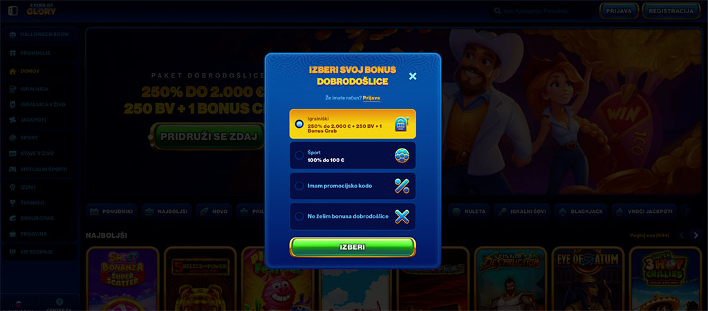 Spins of Glory Igralnica, Registracija, live casino