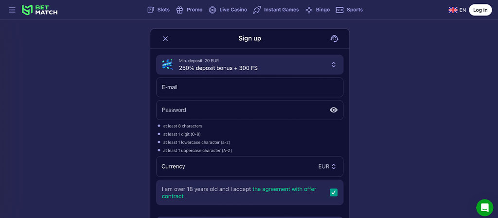 Registracija Računa, BetMatch Casino, igre