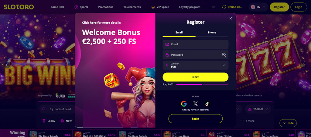 Hitra Registracija v Slotoro Casino, bonusi casino