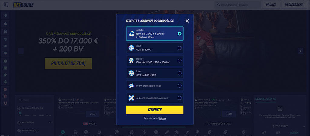 Registracija Igralniškega Računa v Betscore Casino