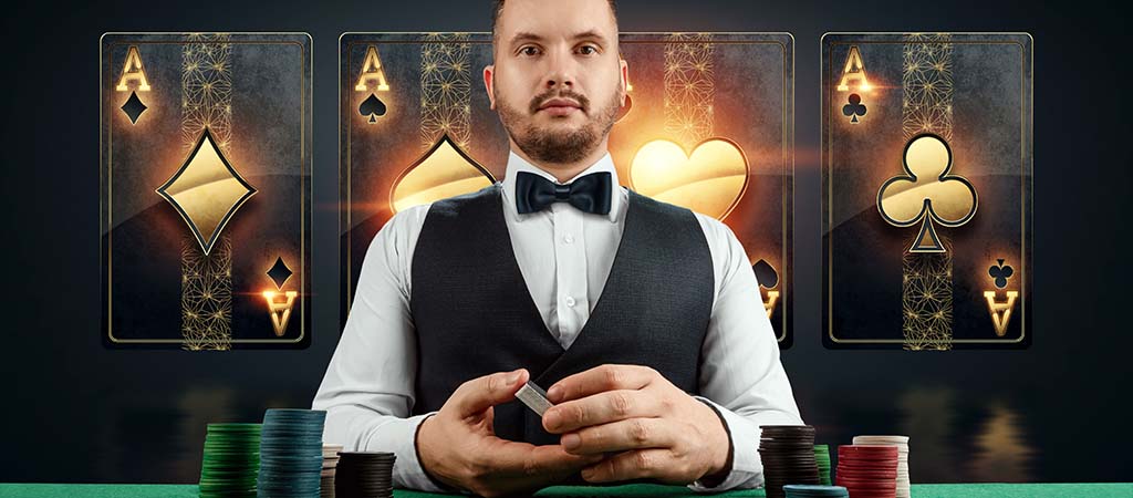 krupje, igralne karte, poker žetoni, kazino miza, spletna igralnica, profesionalno igranje, eleganca, as kombinacije